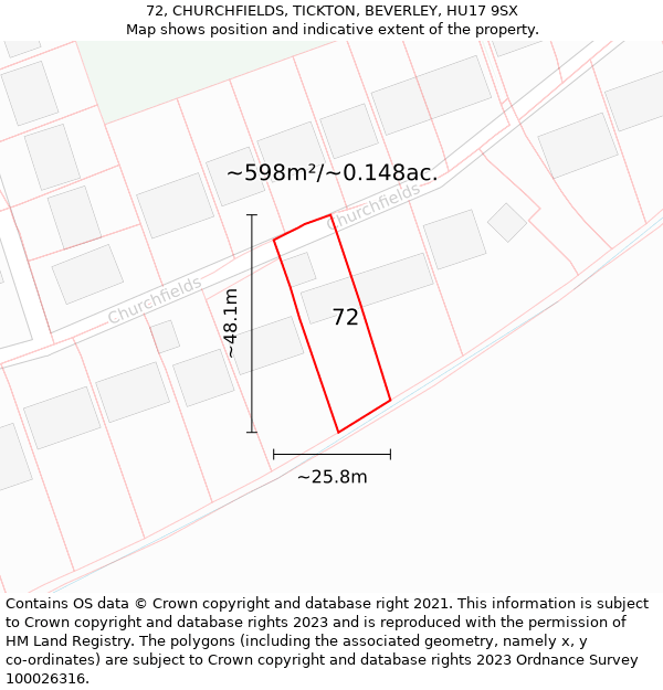 72, CHURCHFIELDS, TICKTON, BEVERLEY, HU17 9SX: Plot and title map