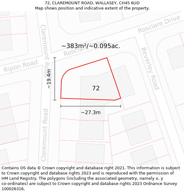 72, CLAREMOUNT ROAD, WALLASEY, CH45 6UD: Plot and title map