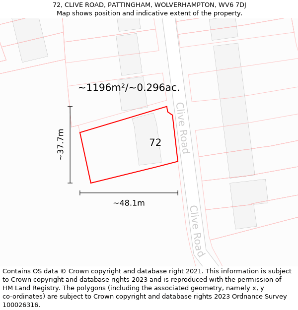 72, CLIVE ROAD, PATTINGHAM, WOLVERHAMPTON, WV6 7DJ: Plot and title map