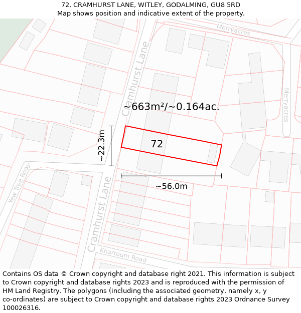 72, CRAMHURST LANE, WITLEY, GODALMING, GU8 5RD: Plot and title map