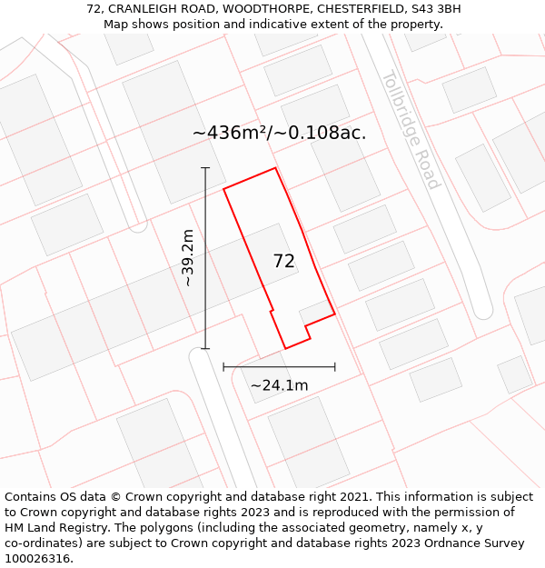 72, CRANLEIGH ROAD, WOODTHORPE, CHESTERFIELD, S43 3BH: Plot and title map