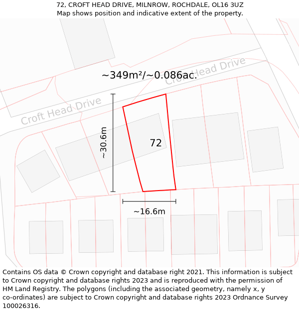 72, CROFT HEAD DRIVE, MILNROW, ROCHDALE, OL16 3UZ: Plot and title map