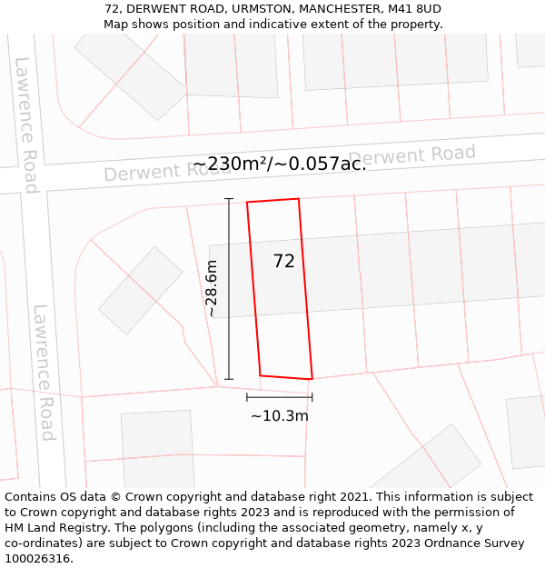 72, DERWENT ROAD, URMSTON, MANCHESTER, M41 8UD: Plot and title map