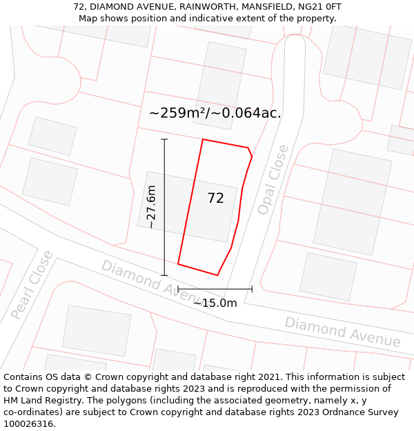 72, DIAMOND AVENUE, RAINWORTH, MANSFIELD, NG21 0FT: Plot and title map