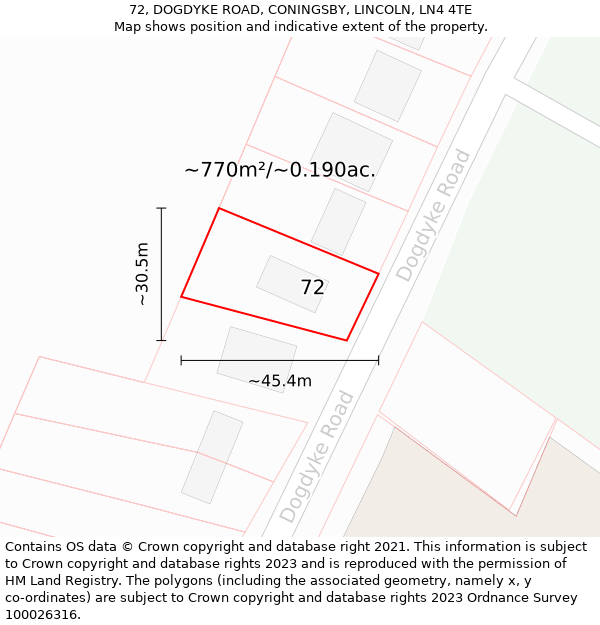 72, DOGDYKE ROAD, CONINGSBY, LINCOLN, LN4 4TE: Plot and title map