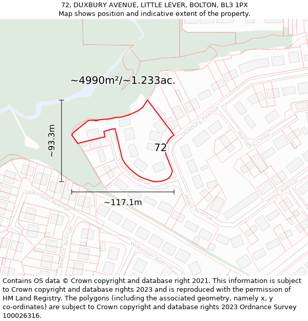 72, DUXBURY AVENUE, LITTLE LEVER, BOLTON, BL3 1PX: Plot and title map