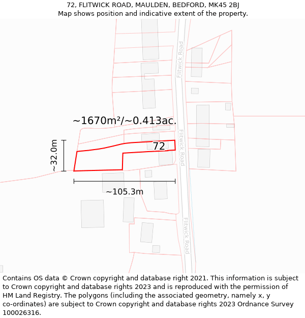 72, FLITWICK ROAD, MAULDEN, BEDFORD, MK45 2BJ: Plot and title map