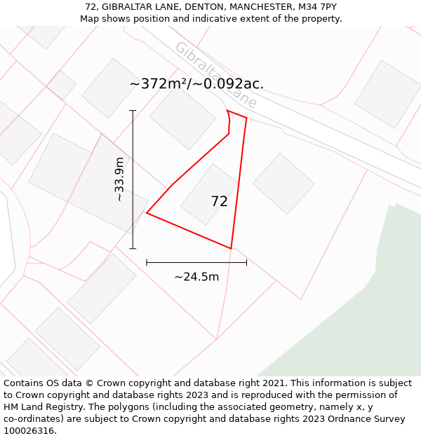 72, GIBRALTAR LANE, DENTON, MANCHESTER, M34 7PY: Plot and title map