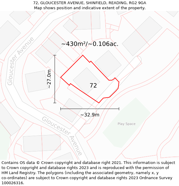 72, GLOUCESTER AVENUE, SHINFIELD, READING, RG2 9GA: Plot and title map