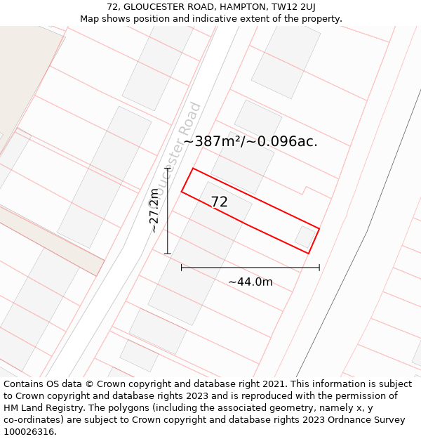 72, GLOUCESTER ROAD, HAMPTON, TW12 2UJ: Plot and title map