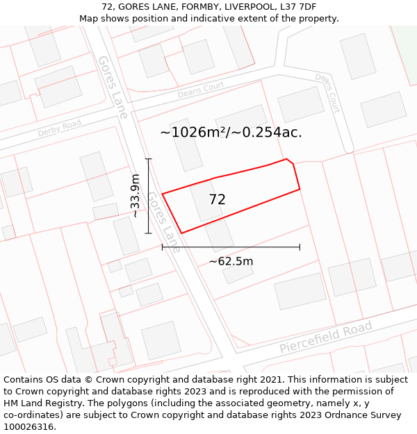 72, GORES LANE, FORMBY, LIVERPOOL, L37 7DF: Plot and title map