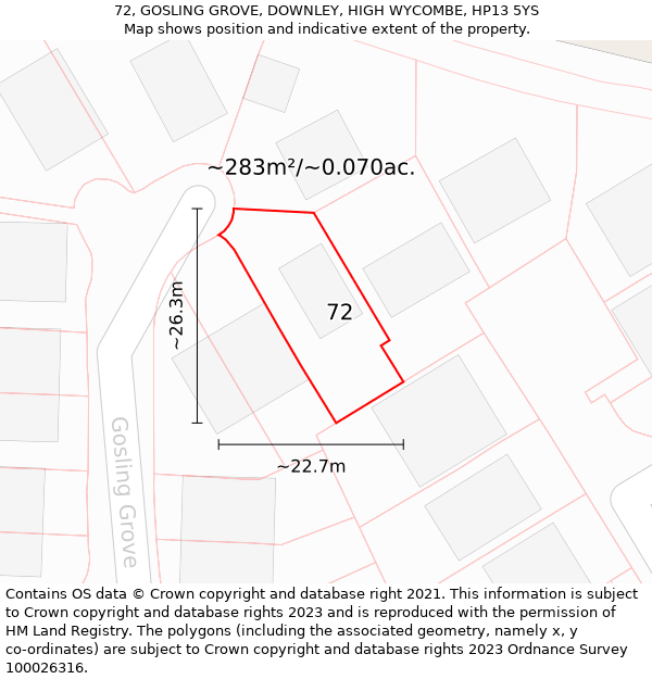 72, GOSLING GROVE, DOWNLEY, HIGH WYCOMBE, HP13 5YS: Plot and title map