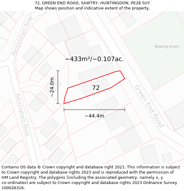 72, GREEN END ROAD, SAWTRY, HUNTINGDON, PE28 5UY: Plot and title map