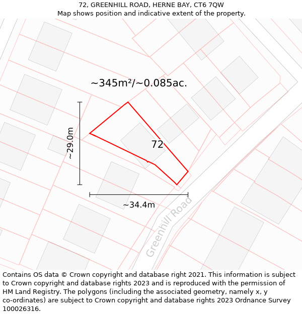 72, GREENHILL ROAD, HERNE BAY, CT6 7QW: Plot and title map