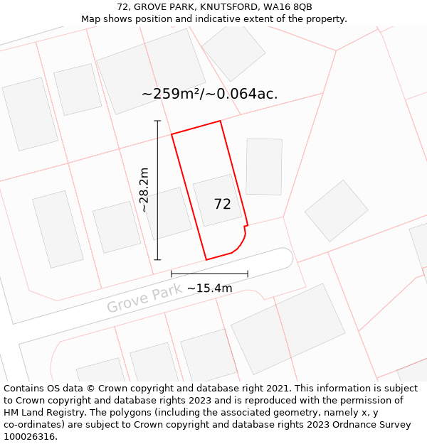 72, GROVE PARK, KNUTSFORD, WA16 8QB: Plot and title map