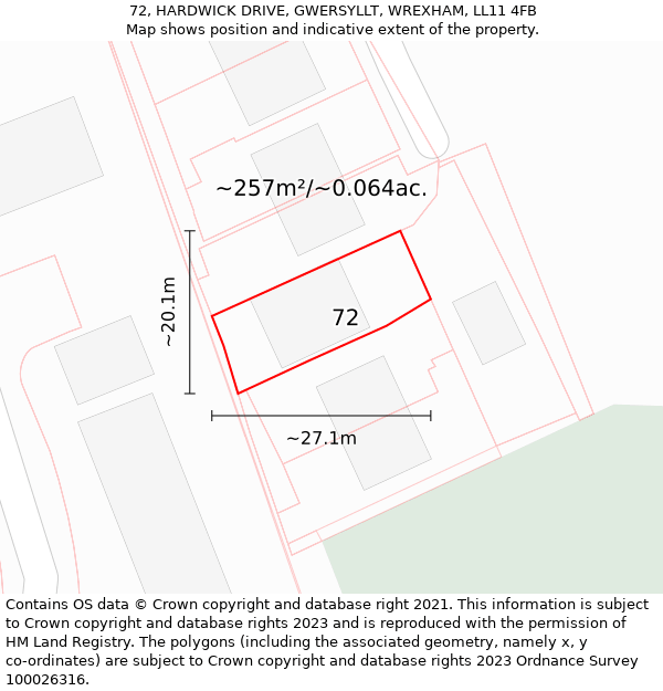 72, HARDWICK DRIVE, GWERSYLLT, WREXHAM, LL11 4FB: Plot and title map