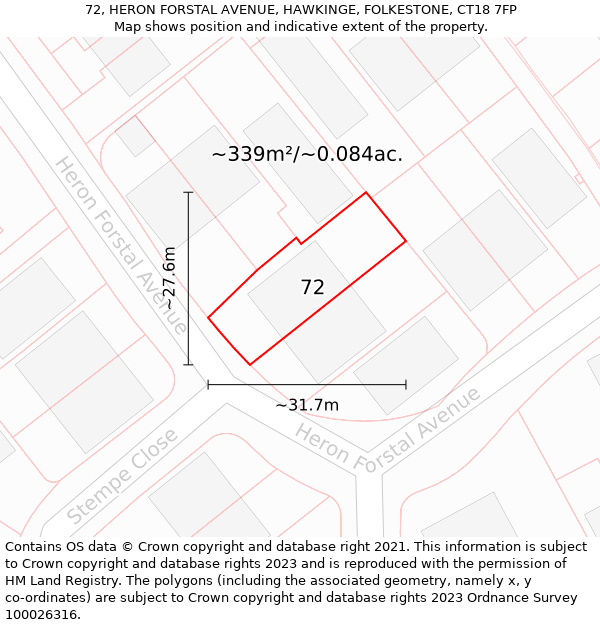 72, HERON FORSTAL AVENUE, HAWKINGE, FOLKESTONE, CT18 7FP: Plot and title map