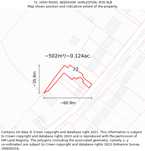 72, HIGH ROAD, NEEDHAM, HARLESTON, IP20 9LB: Plot and title map