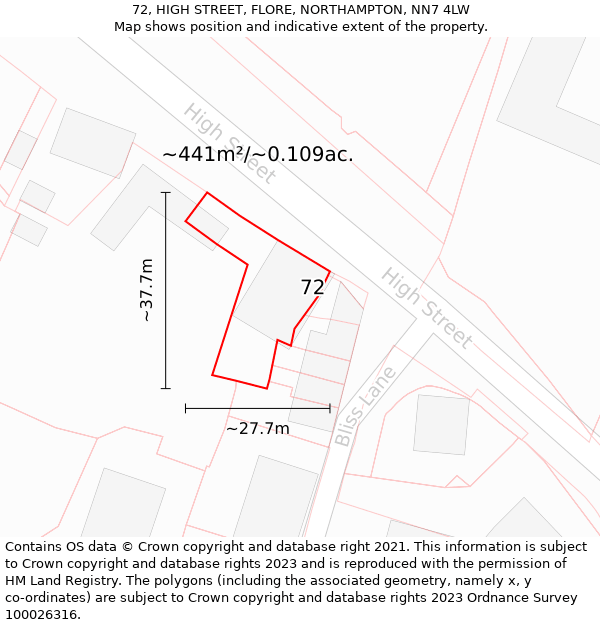 72, HIGH STREET, FLORE, NORTHAMPTON, NN7 4LW: Plot and title map