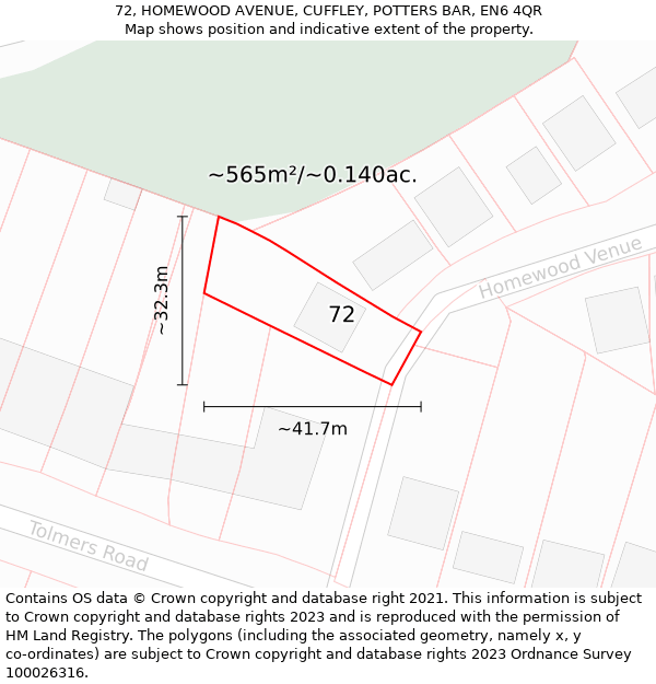 72, HOMEWOOD AVENUE, CUFFLEY, POTTERS BAR, EN6 4QR: Plot and title map