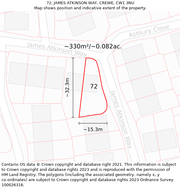 72, JAMES ATKINSON WAY, CREWE, CW1 3NU: Plot and title map