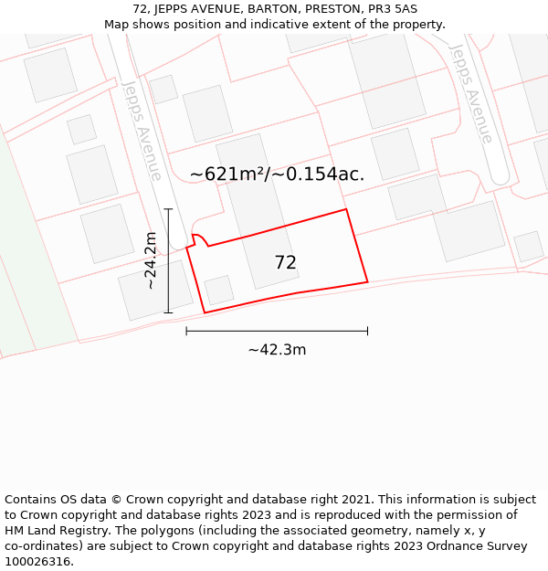 72, JEPPS AVENUE, BARTON, PRESTON, PR3 5AS: Plot and title map