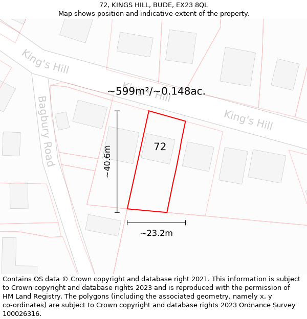72, KINGS HILL, BUDE, EX23 8QL: Plot and title map