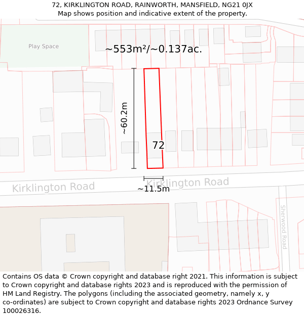 72, KIRKLINGTON ROAD, RAINWORTH, MANSFIELD, NG21 0JX: Plot and title map