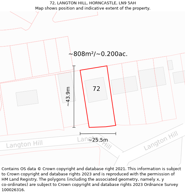 72, LANGTON HILL, HORNCASTLE, LN9 5AH: Plot and title map