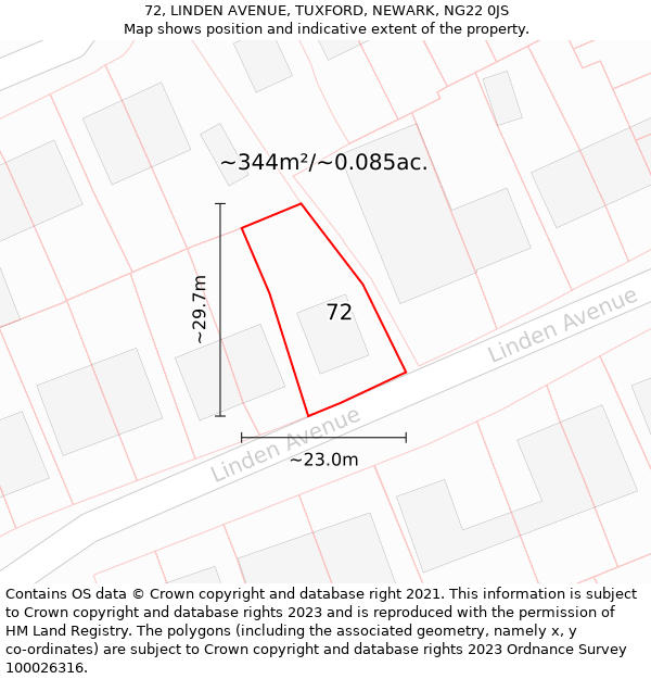 72, LINDEN AVENUE, TUXFORD, NEWARK, NG22 0JS: Plot and title map