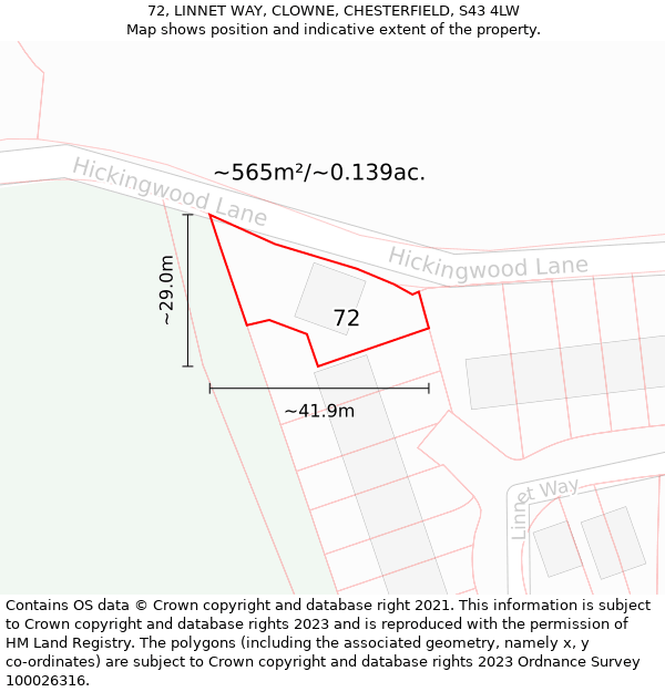 72, LINNET WAY, CLOWNE, CHESTERFIELD, S43 4LW: Plot and title map