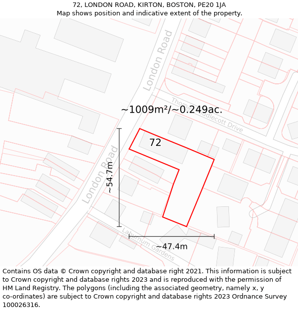 72, LONDON ROAD, KIRTON, BOSTON, PE20 1JA: Plot and title map