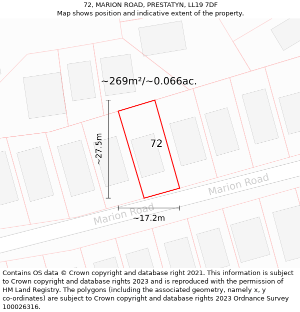 72, MARION ROAD, PRESTATYN, LL19 7DF: Plot and title map