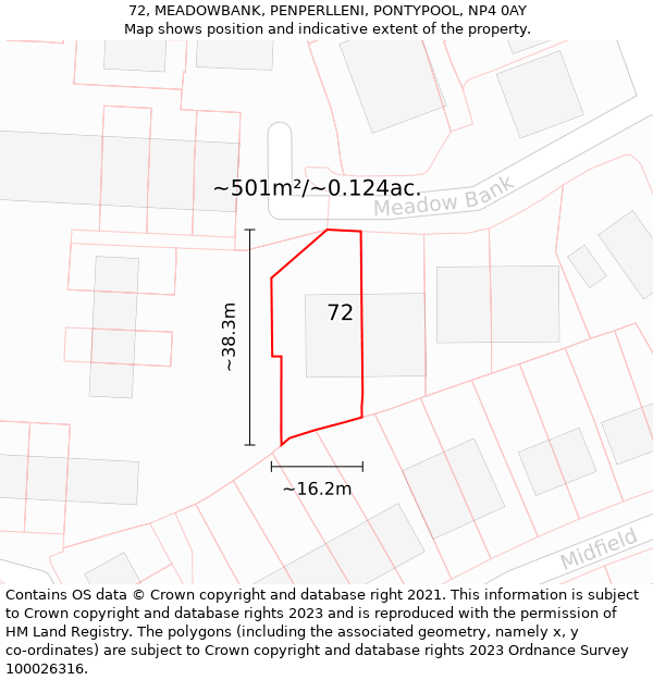 72, MEADOWBANK, PENPERLLENI, PONTYPOOL, NP4 0AY: Plot and title map