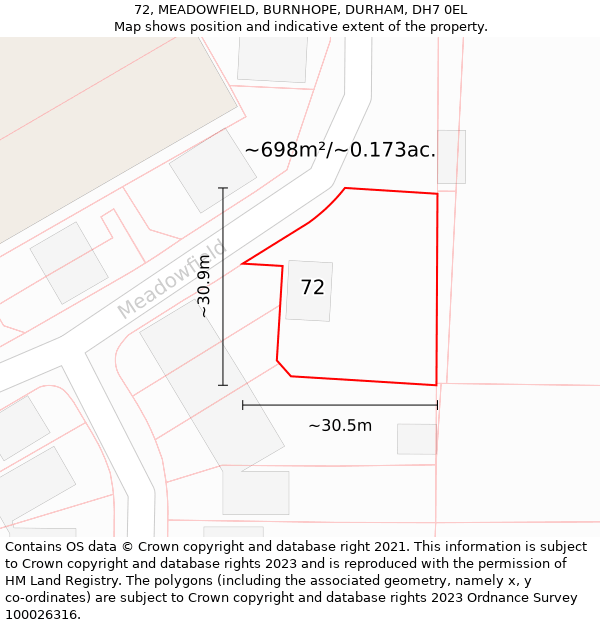 72, MEADOWFIELD, BURNHOPE, DURHAM, DH7 0EL: Plot and title map