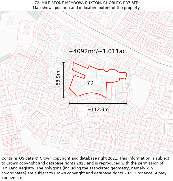 72, MILE STONE MEADOW, EUXTON, CHORLEY, PR7 6FD: Plot and title map