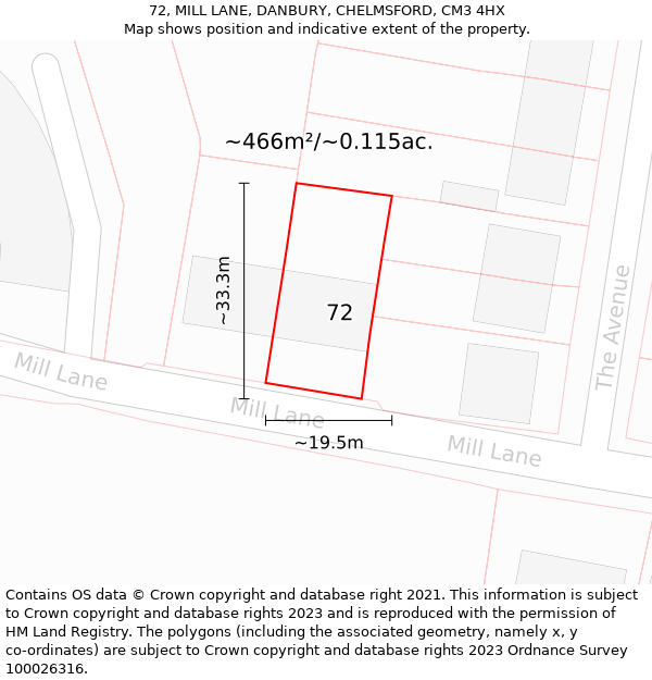 72, MILL LANE, DANBURY, CHELMSFORD, CM3 4HX: Plot and title map