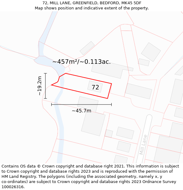 72, MILL LANE, GREENFIELD, BEDFORD, MK45 5DF: Plot and title map