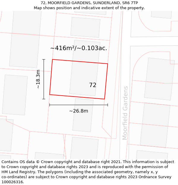 72, MOORFIELD GARDENS, SUNDERLAND, SR6 7TP: Plot and title map