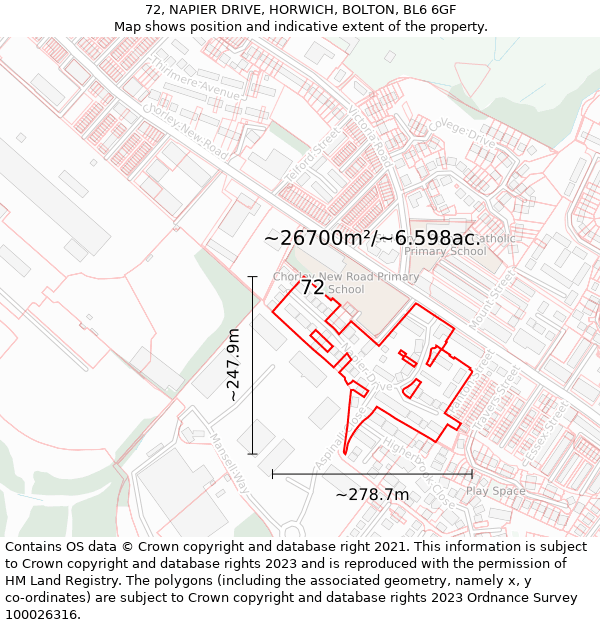 72, NAPIER DRIVE, HORWICH, BOLTON, BL6 6GF: Plot and title map