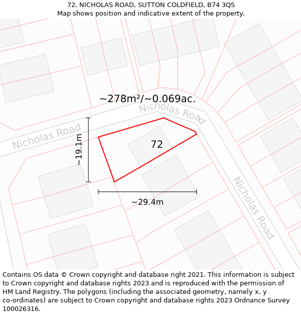 72, NICHOLAS ROAD, SUTTON COLDFIELD, B74 3QS: Plot and title map