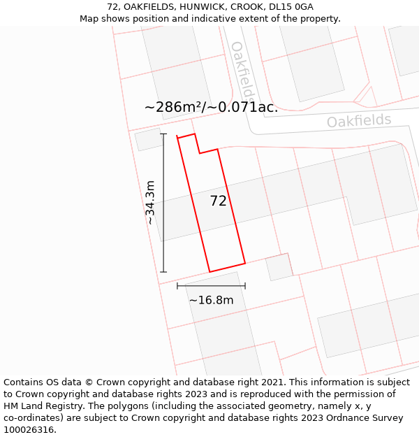 72, OAKFIELDS, HUNWICK, CROOK, DL15 0GA: Plot and title map