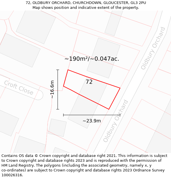 72, OLDBURY ORCHARD, CHURCHDOWN, GLOUCESTER, GL3 2PU: Plot and title map