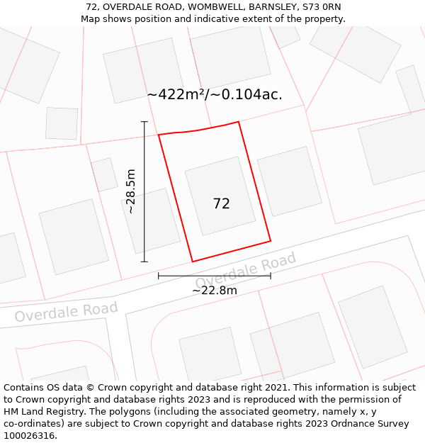 72, OVERDALE ROAD, WOMBWELL, BARNSLEY, S73 0RN: Plot and title map