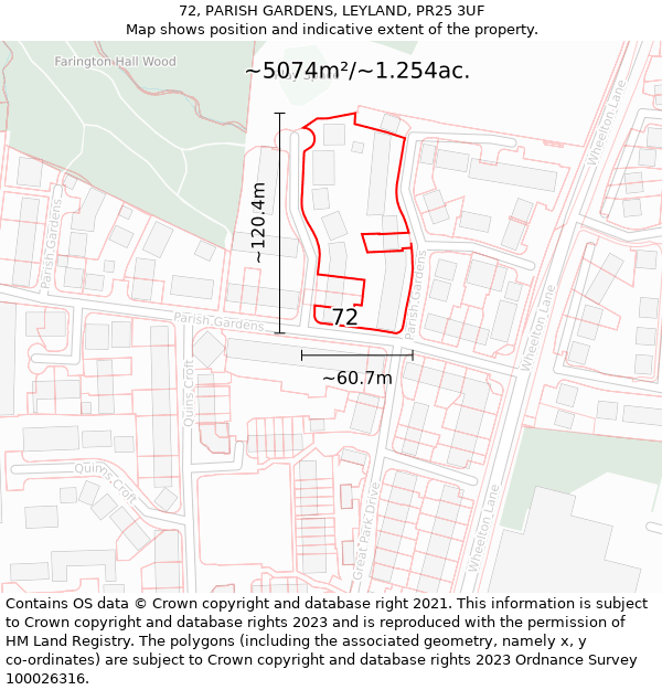 72, PARISH GARDENS, LEYLAND, PR25 3UF: Plot and title map