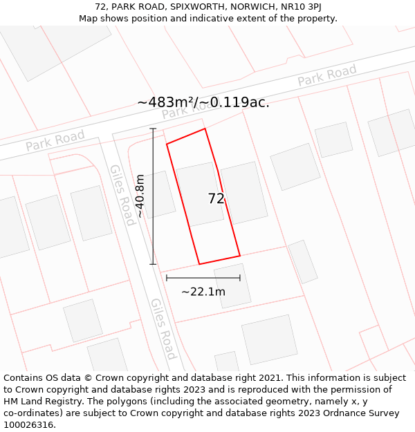 72, PARK ROAD, SPIXWORTH, NORWICH, NR10 3PJ: Plot and title map