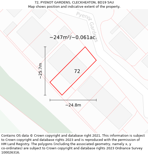 72, PYENOT GARDENS, CLECKHEATON, BD19 5AU: Plot and title map