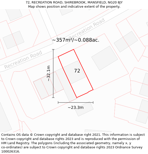 72, RECREATION ROAD, SHIREBROOK, MANSFIELD, NG20 8JY: Plot and title map