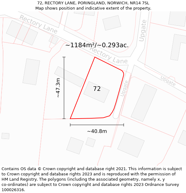 72, RECTORY LANE, PORINGLAND, NORWICH, NR14 7SL: Plot and title map