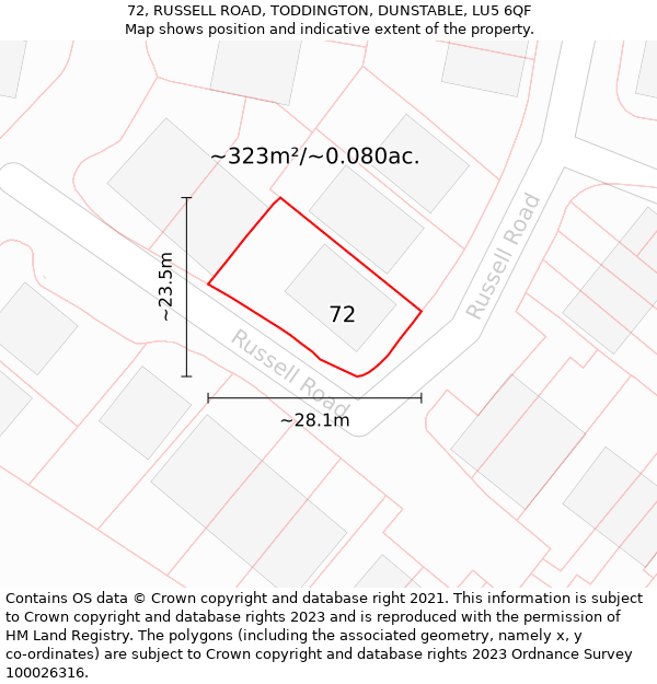 72, RUSSELL ROAD, TODDINGTON, DUNSTABLE, LU5 6QF: Plot and title map